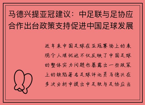 马德兴提亚冠建议：中足联与足协应合作出台政策支持促进中国足球发展
